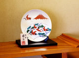 Fujii Kinsai Arita Japan - Kinsai  Fan-shaped panel painting of Mount Fuji Pine and Cranes   Ornamental plate 26.50 cm   金彩富士山松鶴扇窓絵飾り大皿（径26.5ｃｍ） - Free Shipping