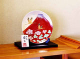 Fujii Kinsai Arita Japan - Shinshayu Kinsai Mt. Fuji ,Crain, Sakura and Pine Ornamental plate 26.50 cm ⓶  辰砂釉金彩赤富士山鶴松桜絵飾り大皿（径26.5ｃｍ）⓶  - Free Shipping