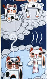 Lucky Cat  福まねき猫 -  Hot spring 温泉 (Onsen)- Japanese Tradition Cotton Towel (The dyed Tenugui) - 34cm x 90cm
