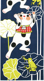 Lucky Cat  福まねき猫 - Amagaeru 雨蛙  - Japanese Traditional Cotton Towel (The dyed Tenugui) - 34cm x 90cm