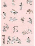 Ukiyo-e Tenugui - Katsushika Hokusai  100 characters  Pink   葛飾北斎  人物百態  - (Japanese Tenugui)