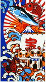 Lucky Cat  福まねき猫 - A big catch  大漁 (Tairyou)- Japanese Tradition Cotton Towel (The dyed Tenugui) - 34cm x 90cm