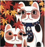 Lucky Cat  福まねき猫 - Viewing autumn leaves  紅葉狩り (Momijigari) - Japanese Traditional Cotton Towel (The dyed Tenugui) - 34cm x 90cm