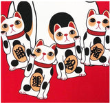 Lucky Cat  福まねき猫 - Maneki-neko (red)　招き猫（赤） - Japanese Traditional Cotton Towel (The dyed Tenugui) - 34cm x 90cm