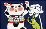 Lucky Cat  福まねき猫 - Amagaeru 雨蛙  - Japanese Traditional Cotton Towel (The dyed Tenugui) - 34cm x 90cm