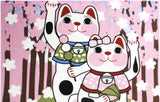 Lucky Cat  福まねき猫 -  Cherry blossom trees (roadside tree) 桜並木 (Sakura namiki) - Japanese Tradition Cotton Towel (The dyed Tenugui) - 34cm x 90cm