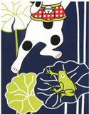 Lucky Cat  福まねき猫 - Amagaeru 雨蛙  - Japanese Traditional Cotton Towel (The dyed Tenugui) - 34cm x 90cm
