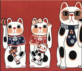 Lucky Cat  福まねき猫 - The whole family  かぞくそろって - Japanese Traditional Cotton Towel (The dyed Tenugui) - 34cm x 90cm
