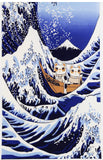 Lucky Cat  福まねき猫 - Wave Fuji  波富士 - Japanese Traditional Cotton Towel (The dyed Tenugui) - 34cm x 90cm