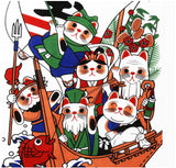 Lucky Cat  福まねき猫 - Seven Lucky Cats   七福猫 (Shichifuku Neko) - Japanese Tradition Cotton Towel (The dyed Tenugui) - 34cm x 90cm