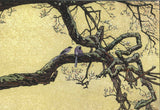 Yoshida Toshi - #015106 Jyuzu kake no Ume (Plum tree ＆ Blue Magpie)   吉田遠志 木版画  015106 数珠かけの梅 Plum tree ＆ Blue Magpie  - Free Shipping