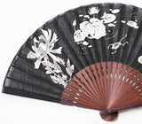 Traditional handcrafted Kyoto Sensu (folding fan)- Ito Jakuchu Genpo Youka　伊藤若冲の拓版画集 　「玄圃瑤華」 - Black