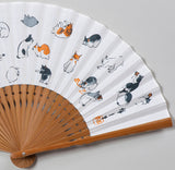 Traditional handcrafted Kyoto  Sensu (folding fan) - Utagawa Hiroshige 歌川広重 　猫 - Cats - White
