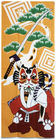 Lucky Cat  福まねき猫 - Kabuki Shibaraku 　歌舞伎　暫 - Japanese Traditional Cotton Towel (The dyed Tenugui) - 34cm x 90cm