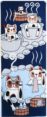 Lucky Cat  福まねき猫 -  Hot spring 温泉 (Onsen)- Japanese Tradition Cotton Towel (The dyed Tenugui) - 34cm x 90cm