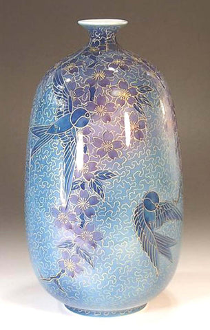 Fujii Kinsai Arita Japan - Somenishiki Kinsai Yurikou Sakura & Swallow Vase 22.50 cm - Free Shipping