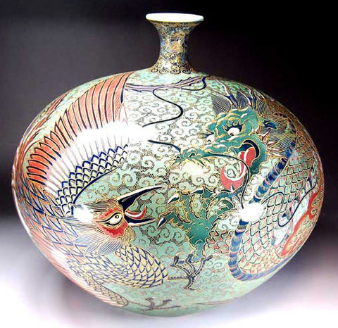 Fujii Kinsai Arita Japan - Yurisai Kinran Phonex & Rise Dragon vase 26.20 cm (Superlative Collection) - Free Shipping
