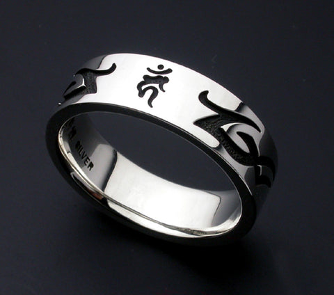 Saito - Buddha in Sanskrit Characters w/ Tribal Slim Silver Ring