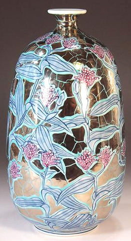 Fujii Kinsai Arita Japan - Somenishiki Ryokugi Platinum Hototogisu Vase  22.50 cm - Free Shipping