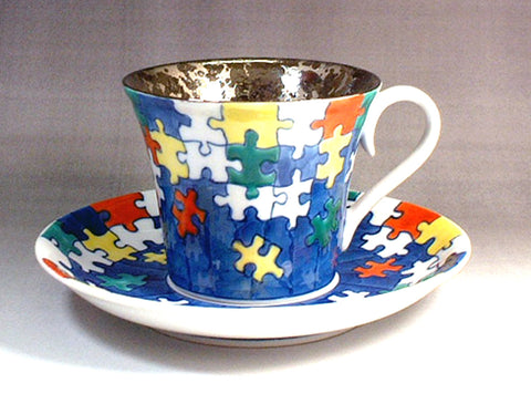 Fujii Kinsai Arita Japan - Somenishiki Platinum Jigsaw Puzzle Cup & Saucer - Free Shipping