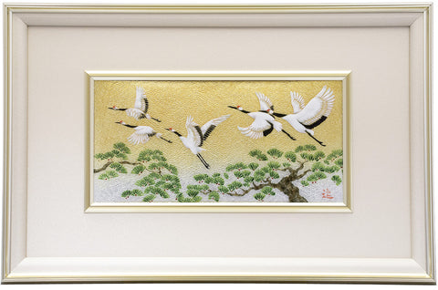 Saikosha - #014-11  Flock of Cranes and Pine (Framed Cloisonné ware) - Free Shipping
