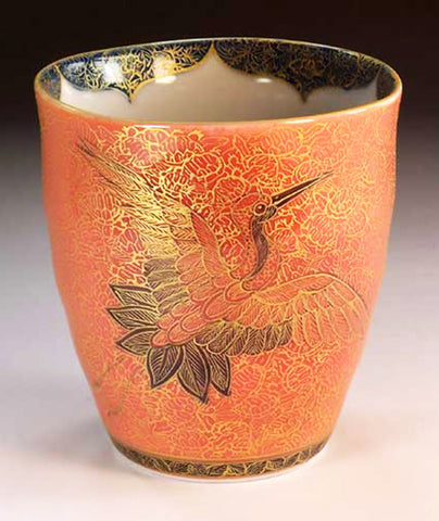 Fujii Kinsai Arita Japan - Yurisai Kinran  Japanese Tea cup (Unomi) Crane & Turtle (Superlative Collection) - Free Shipping