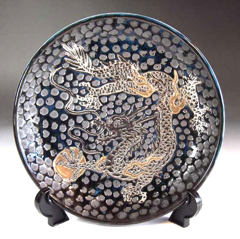 Fujii Kinsai Arita Japan - Tetsuyu Platinum & Gold Rise Dragon Ornamental plate 19.80 cm - Free Shipping