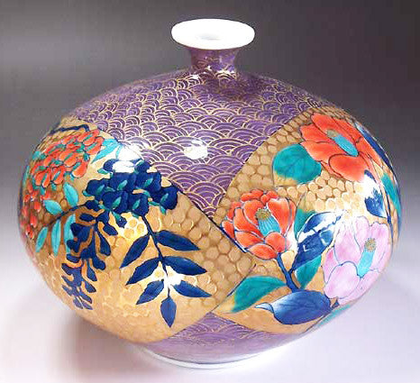 Fujii Kinsai Arita Japan - Somenishiki Gold & PlatinumSeigaiha Oogiwari Flower Vase 20.60 cm - Free Shipping