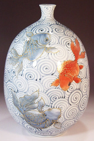 Fujii Kinsai Arita Japan - Somenishiki Kinsai Goldfish Vase 26.60 cm - Free Shipping