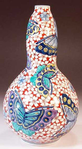 Fujii Kinsai Arita Japan - Somenishiki Sakura & Butterfly Vase 23.20 cm - Free Shipping