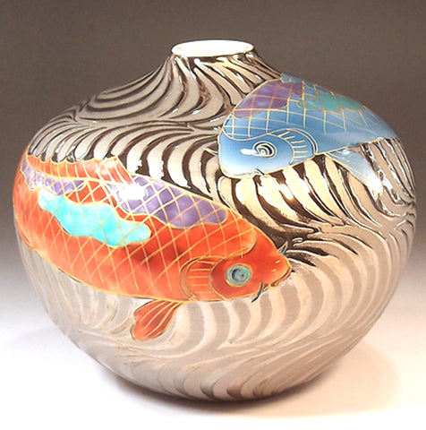 Fujii Kinsai Arita Japan - Somenishiki Platinum Ryusui Monyou & Carp Vase 14.50 cm - Free Shipping