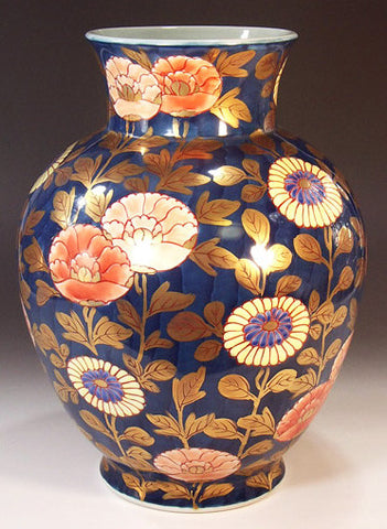 Fujii Kinsai Arita Japan - Somenishiki Kinrande Chrysanthemum & Peony Vase 29.00 cm - Free Shipping