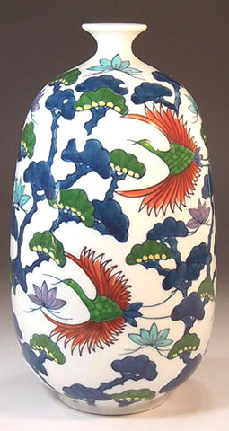 Fujii Kinsai Arita Japan - Somenishiki Crane & Pine Vase  22.50 cm - Free Shipping