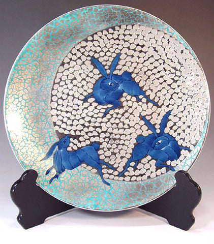 Fujii Kinsai Arita Japan - Somenishiki Platinum Rabbit Ornamental plate 30.80 cm - Free Shipping