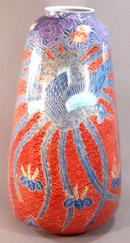 Fujii Kinsai Arita Japan - Somenishiki Kinsai Seigaiha Phoenix Vase  57.70 cm - Free Shipping
