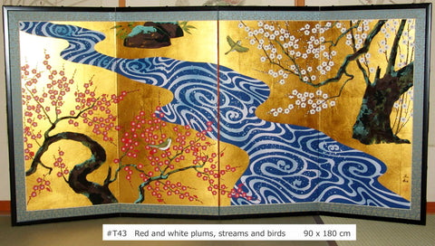 Japanese Traditional Hand Paint Byobu (Gold Leaf Folding Screen) - T 43 - Free Shipping
