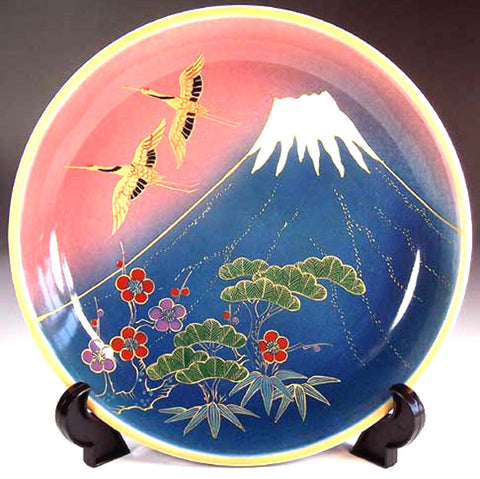 Fujii Kinsai Arita Japan - Shinshayu Kinsai Mt. Fuji & Crain Ornamental plate 19.80 cm - Free Shipping