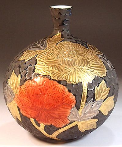 Fujii Kinsai Arita Japan - Tetsuyu Platinum & Gold Peony Vase 15.60 cm - Free Shipping