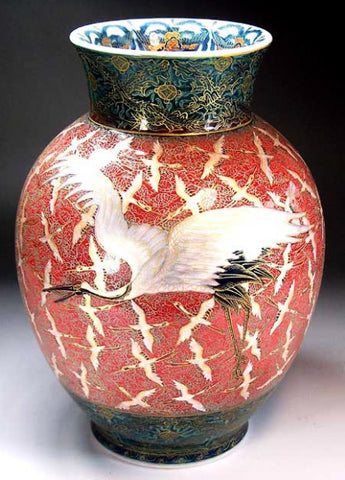 Fujii Kinsai Arita Japan - Yurisai Kinran Crane & Turtle vase 24.10 cm (Superlative Collection) - Free Shipping