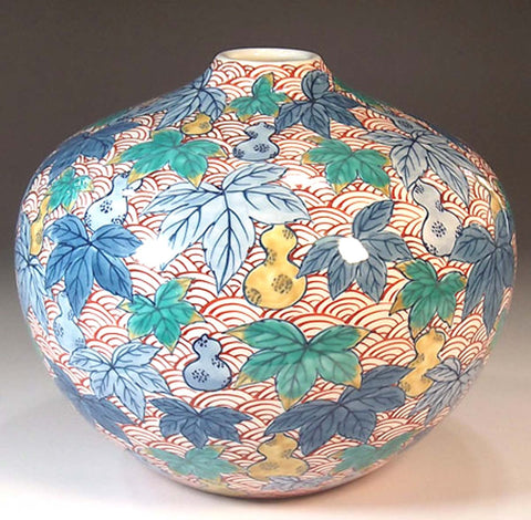 Fujii Kinsai Arita Japan - Somenishiki Seigaiha Gourd Vase 14.50 cm - Free Shipping