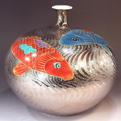 Fujii Kinsai Arita Japan - Somenishiki Platinum Ryusui Monyou & Carp Vase 26.00 cm - Free Shipping