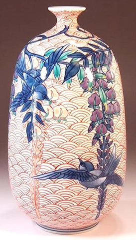 Fujii Kinsai Arita Japan - Somenishiki Seigaiha swallow and wisteria Vase  22.50 cm - Free Shipping