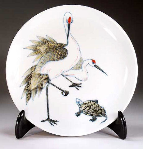 Fujii Kinsai Arita Japan - Somenishiki Kinsai Crane & Turtle Ornamental plate 19.00 cm  - Free Shipping
