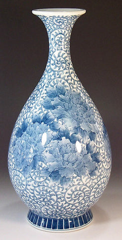 Fujii Kinsai Arita Japan - Sometsuke Karakusa Peony Vase  33.10 cm - Free Shipping