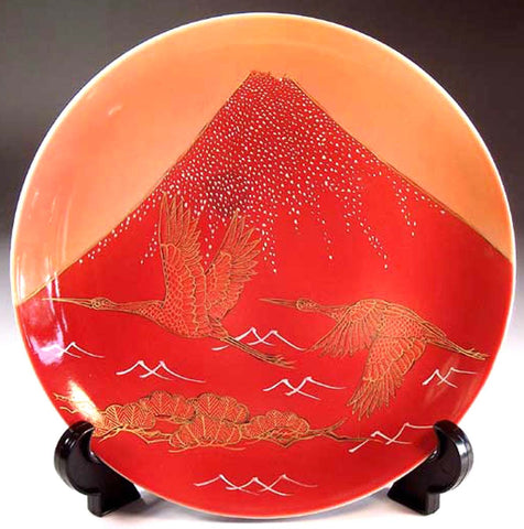 Fujii Kinsai Arita Japan - Shinshayu Kinsai Mt. Fuji & Crain Ornamental plate 19.00 cm - Free Shipping