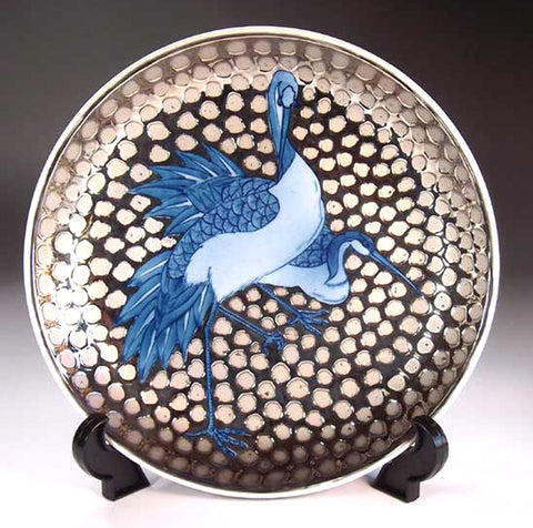 Fujii Kinsai Arita Japan - Somenishiki Platinum Couple Crane Ornamental plate 19.80 cm  - Free Shipping