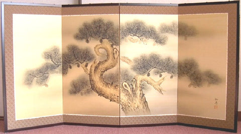 Niwa Senshu - Japanese Traditional Hand Paint Byobu (Gold Silk Folding Screen) - X147 - Free Shipping