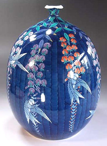 Fujii Kinsai Arita Japan - Iro Nabeshima style Wisteria & Swallow Vase 28.50 cm - Free Shipping