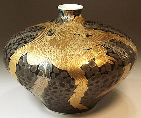 Fujii Kinsai Arita Japan - Tetsuyu Platinum & Phoenix Vase 14.90 cm - Free Shipping
