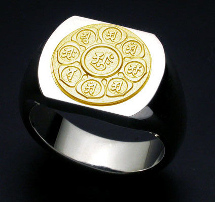 Saito - Mandala on Lotus flower 18Kt Gold emblem Seal Stand Silver Ring